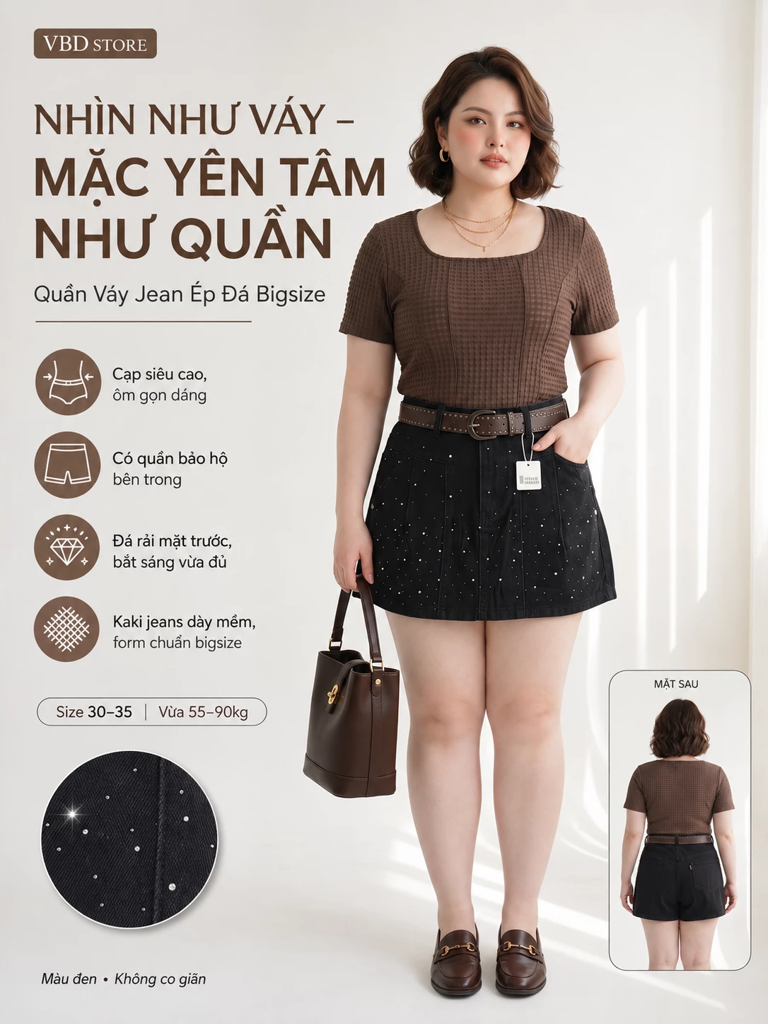 Hình tổng hợp quần váy jean ép đá bigsize T-QVJ2130 với cạp cao, quần bảo hộ, đá rải và thông tin size