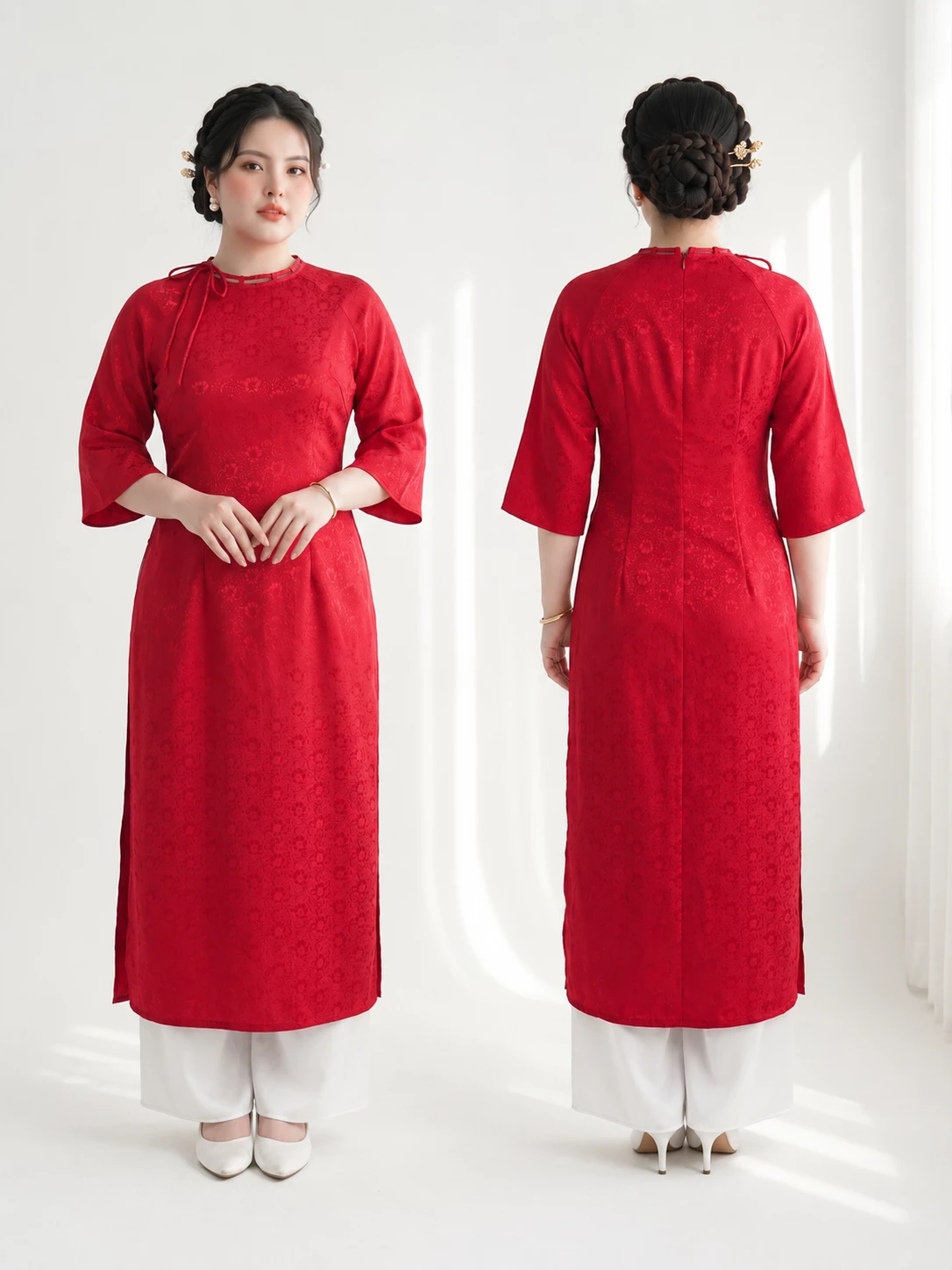 Form trước và sau set áo dài hoa bigsize V-SET025 màu đỏ phối quần trắng