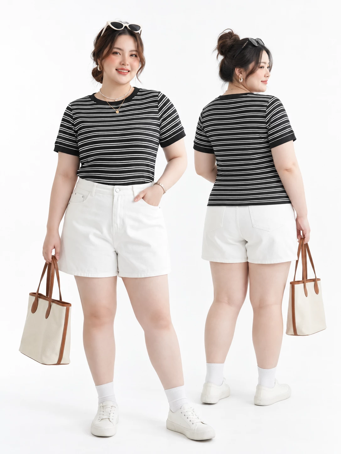 Ảnh phối minh họa quần short jean ngố trắng T-QSJ4022 ở mặt trước và mặt sau trên dáng bigsize