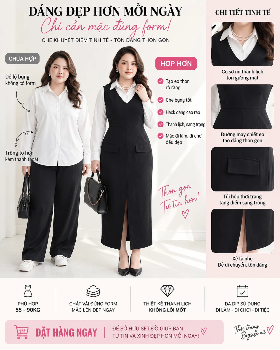 Minh họa so sánh cách thả sơ mi ngoài quần và phối sơ mi trong đầm V-SET018, kèm chi tiết cổ, eo, nắp túi trang trí và xẻ trước