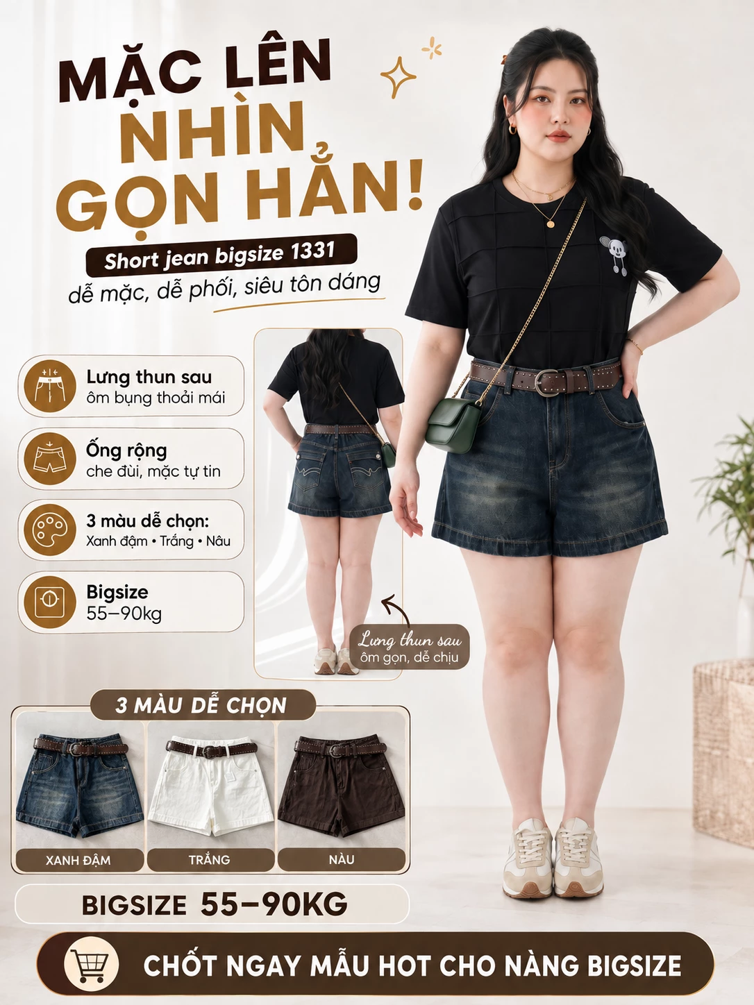 Người mẫu bigsize mặc quần short jean túi hộp T-QSJ1331 cạp cao lưng thun sau màu xanh đậm