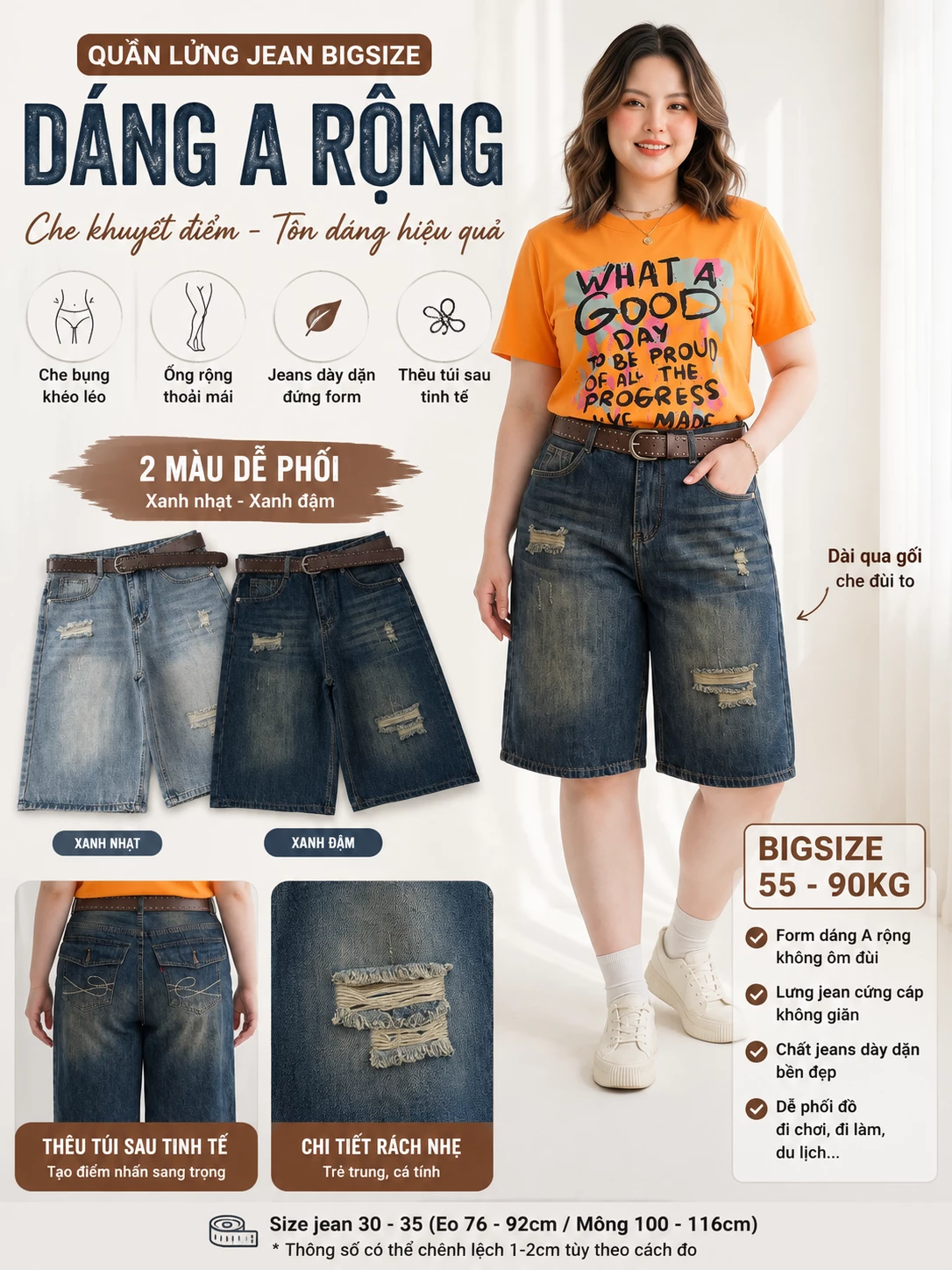 Điểm nổi bật quần lửng jean bigsize T-QSJ76 dáng A rộng cạp cao hai màu xanh wash