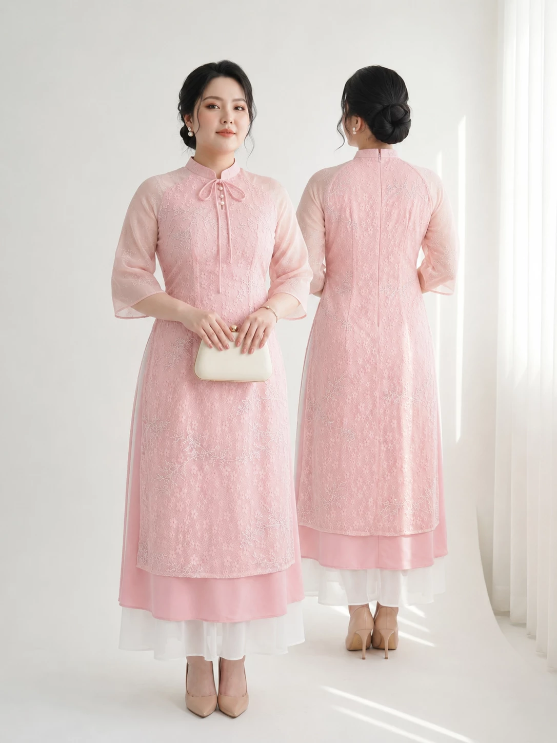 Người mẫu mặc set áo dài ren thêu hoa bigsize V-AD036 ở góc trước và sau