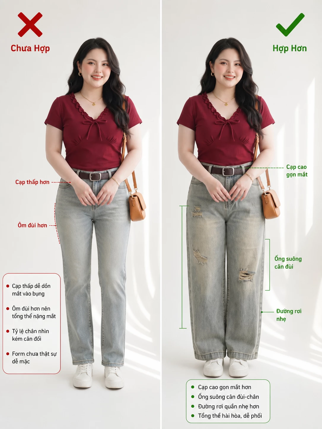 Gợi ý phối quần jean suông nấm bigsize T-QJ5055 với cạp cao và ống rộng