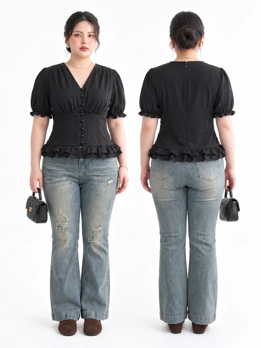Plus-size model wearing ripped flared jeans T-QJ530 with rips on the front and back.