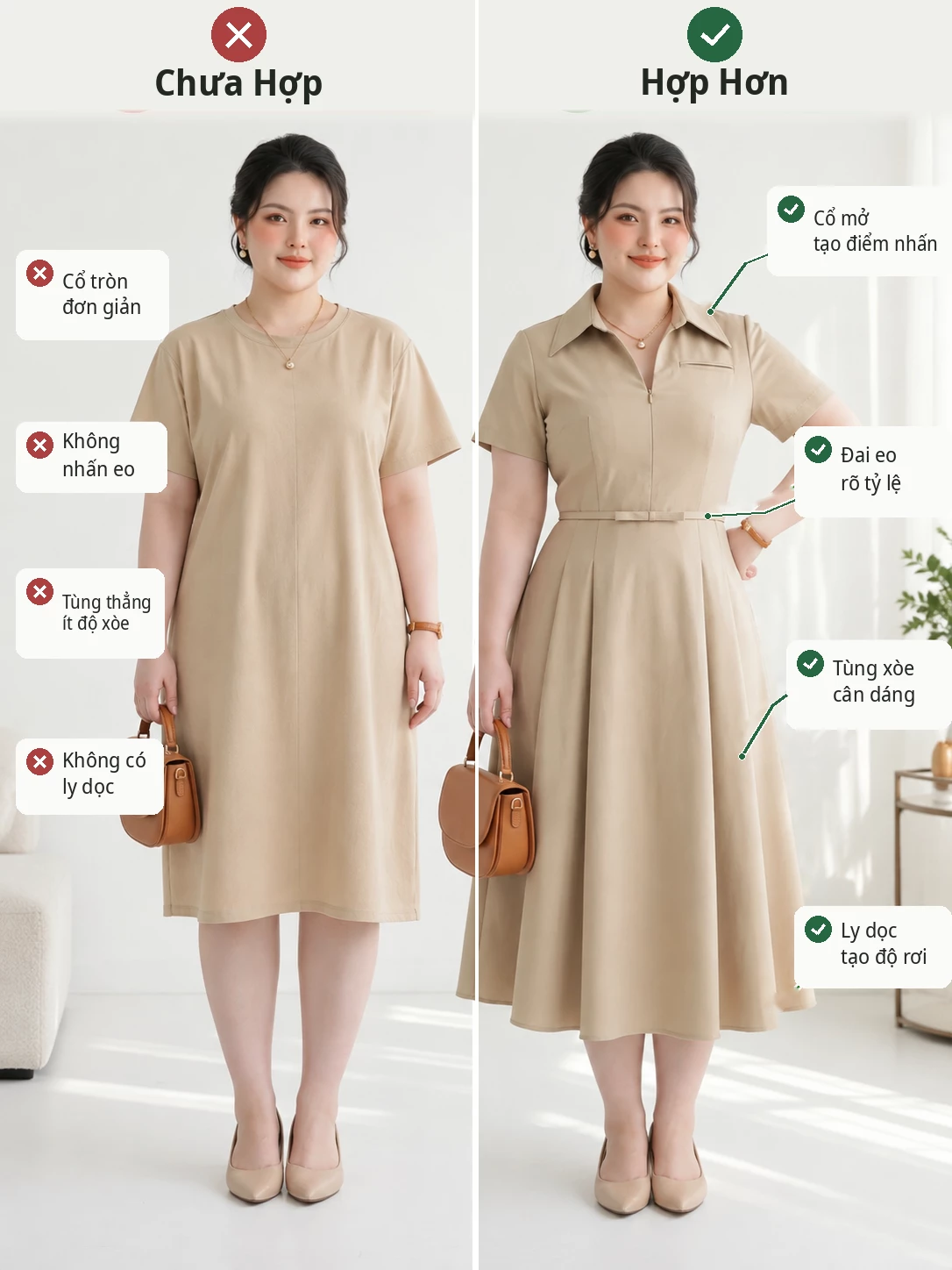 Minh họa so sánh đầm suông với V-DA240 có cổ sơ mi, điểm eo và tùng A xòe