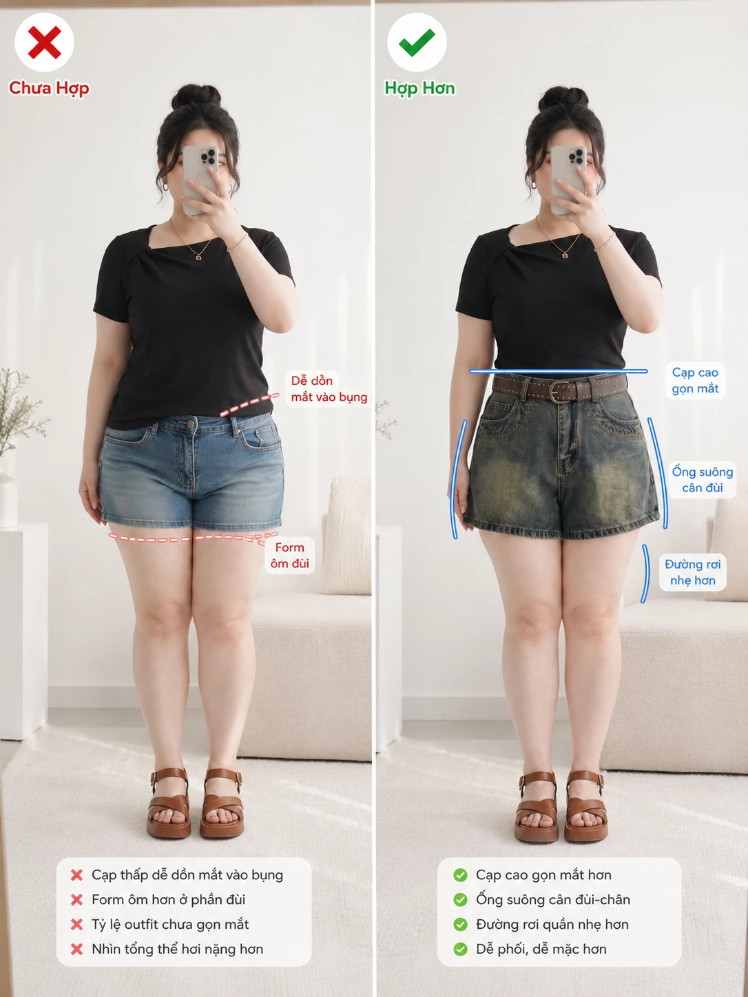 Hướng dẫn phối quần short jean cạp cao bigsize để tỷ lệ cơ thể cân đối hơn