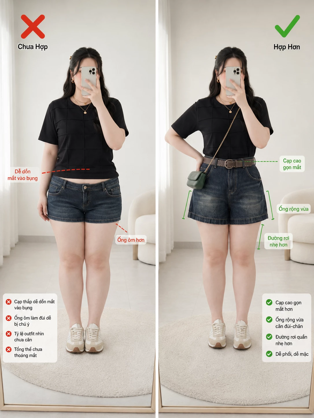 So sánh cách mặc quần short cạp thấp ống ôm và quần short jean cạp cao ống rộng vừa cho dáng bigsize