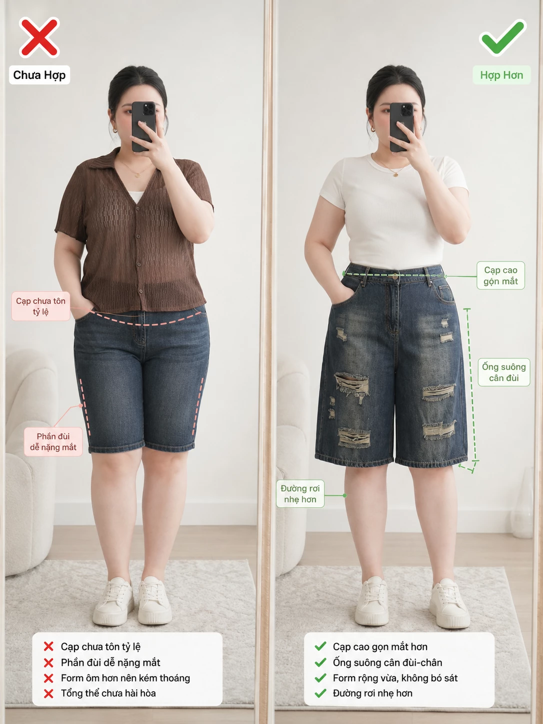 Minh họa so sánh tỷ lệ giữa quần short ôm và quần jean lửng T-QSJ78 cạp cao ống rộng