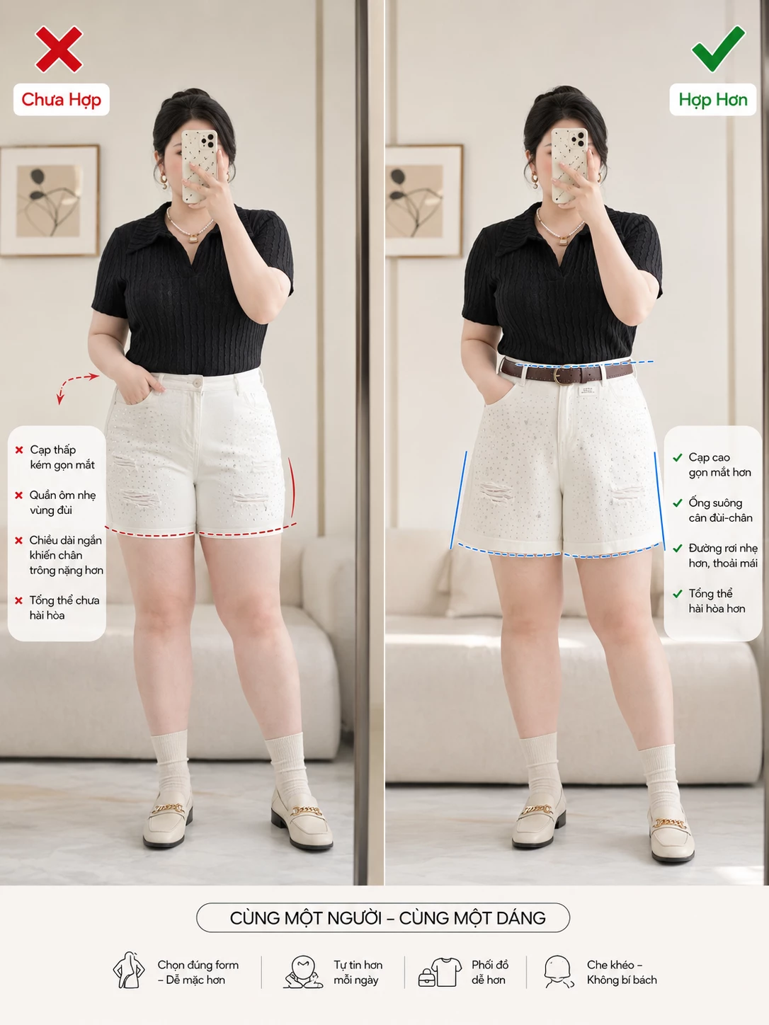 Ảnh hướng dẫn mặc quần short jean lửng bigsize T-QSJ75 cân đối hơn