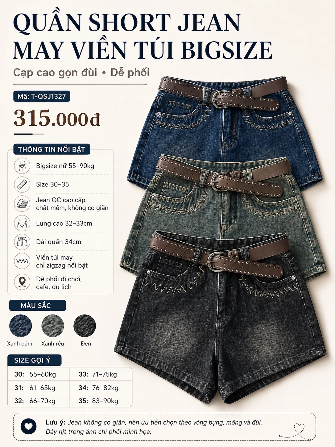 Thông tin nổi bật quần short jean bigsize T-QSJ1327 cạp cao size 30 đến 35 ba màu wash
