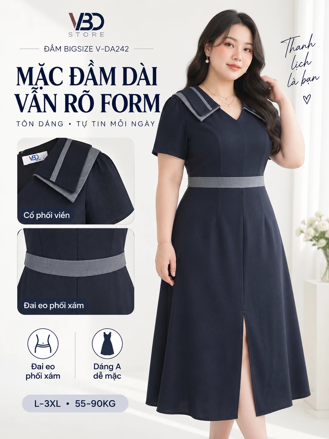 Ảnh tổng hợp chi tiết vạt vai, đai eo xám và dáng A của đầm V-DA242