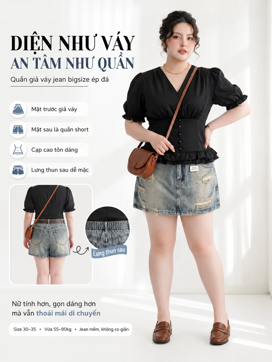 Ảnh giới thiệu quần giả váy jean T-QVJ2129 trên người mẫu với chú thích cạp cao, lưng thun sau, mặt trước giả váy và mặt sau quần short