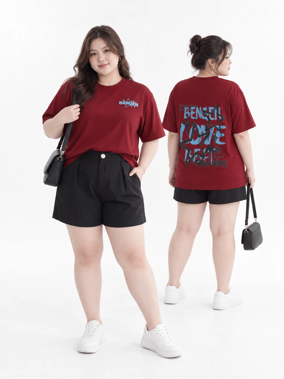 Người mẫu dáng đầy đặn mặc áo thun form rộng V-AK102-2 màu đỏ ở mặt trước và mặt sau