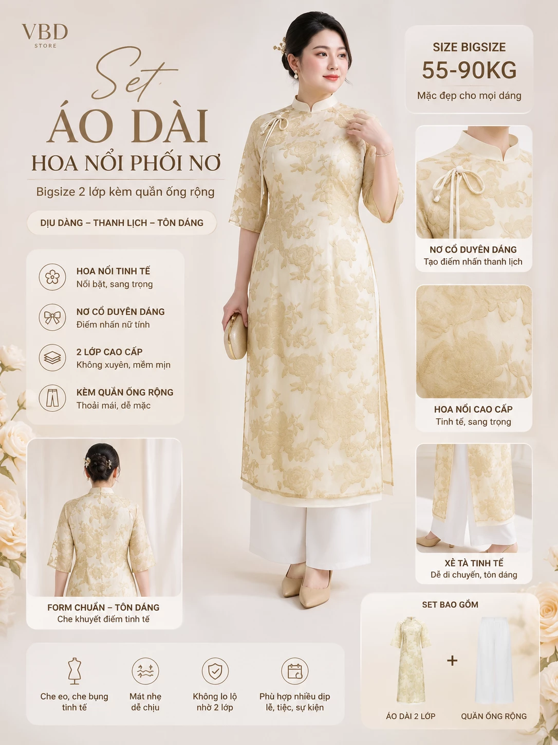 Ảnh hướng dẫn mặc set áo dài bigsize V-SET023 hợp dáng