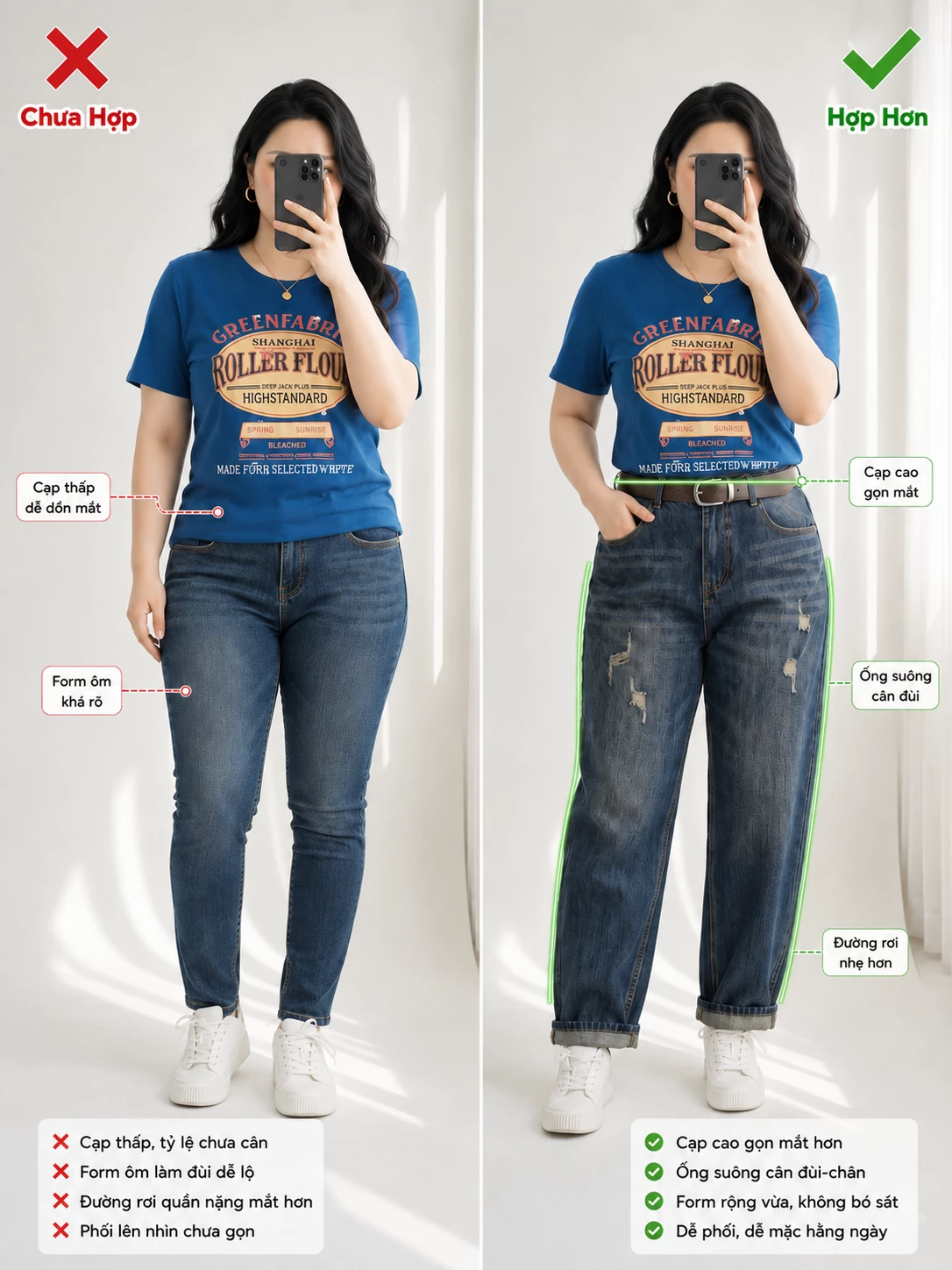 So sánh phom jean ôm và quần jean baggy T-QJ633 trên người mặc