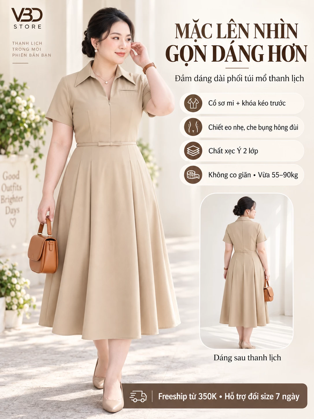 Gợi ý phối đầm dáng A V-DA240 cùng túi cỡ vừa và giày thanh gọn