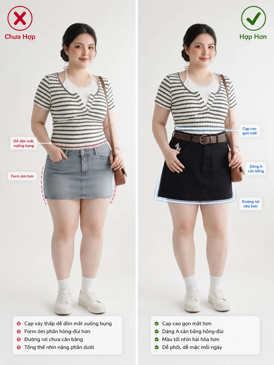 Hướng dẫn phối chân váy jean dáng A lưng cao cho nữ bigsize