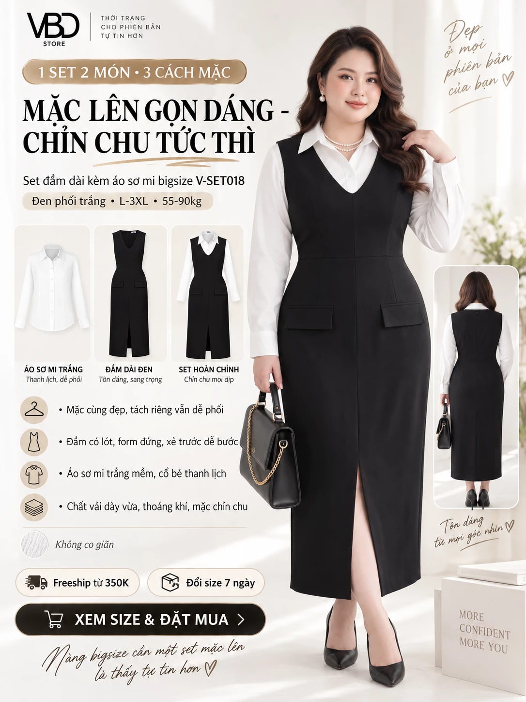 V-SET018: set hai món với sơ mi trắng, đầm đen mặc riêng và cách phối cả bộ