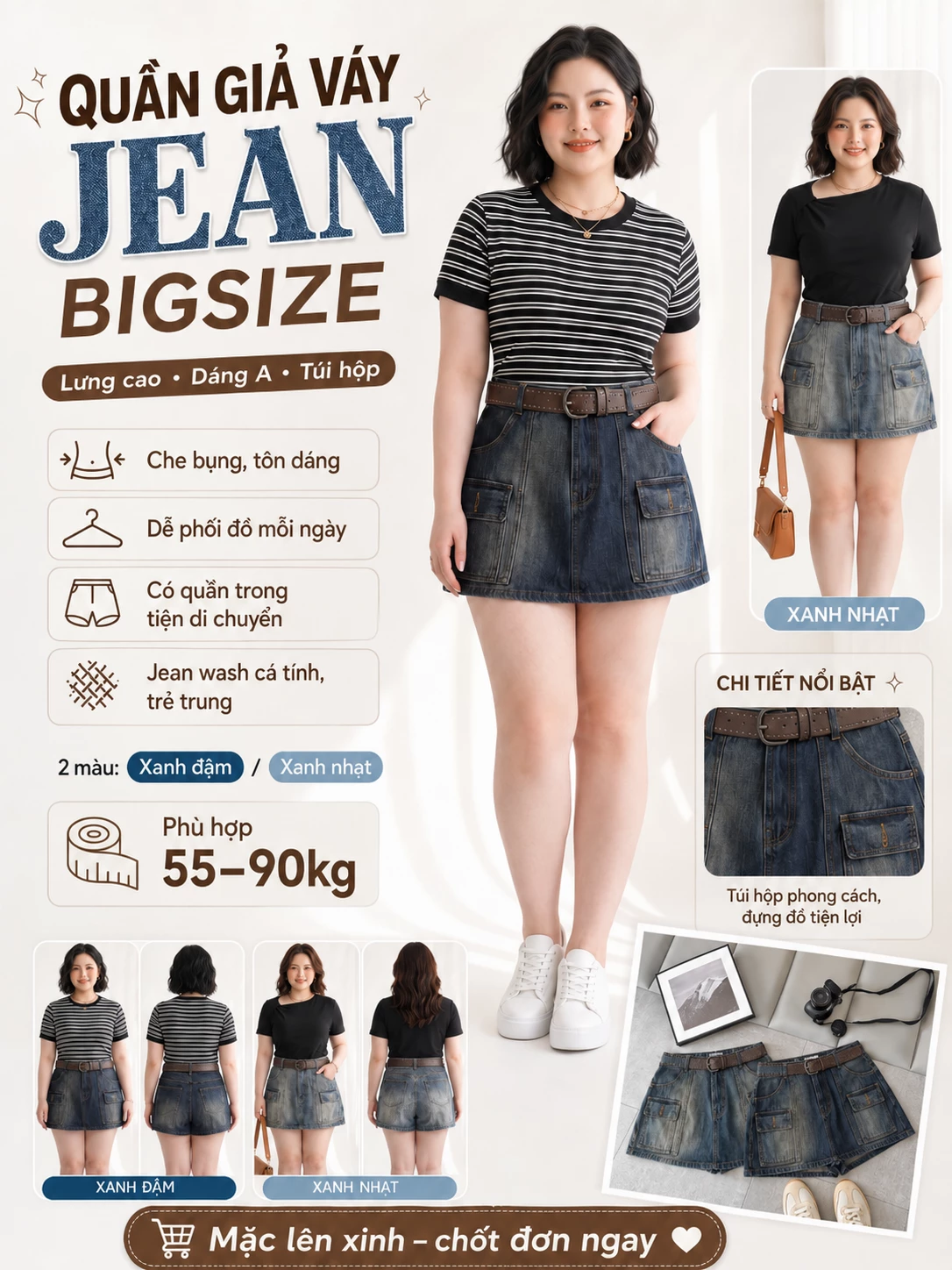 Quần giả váy jean bigsize T-QVJ2125 lưng cao dáng A túi hộp với hai màu xanh đậm và xanh nhạt