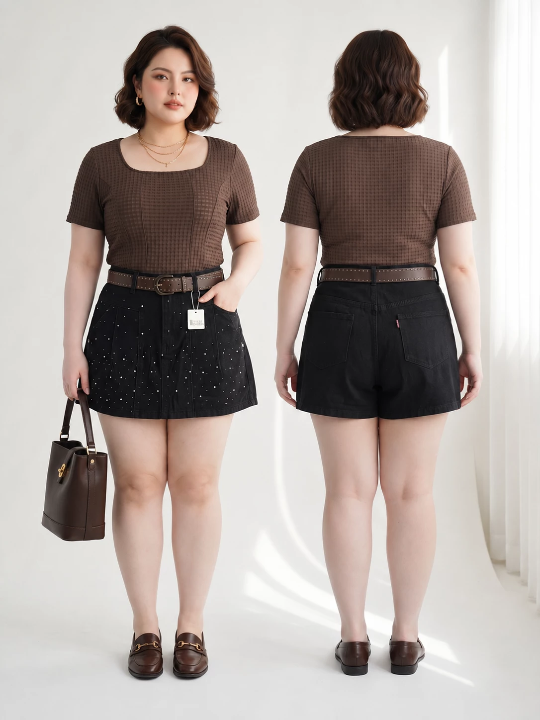 Hình minh họa quần váy jean ép đá bigsize T-QVJ2130 màu đen ở góc trước và sau