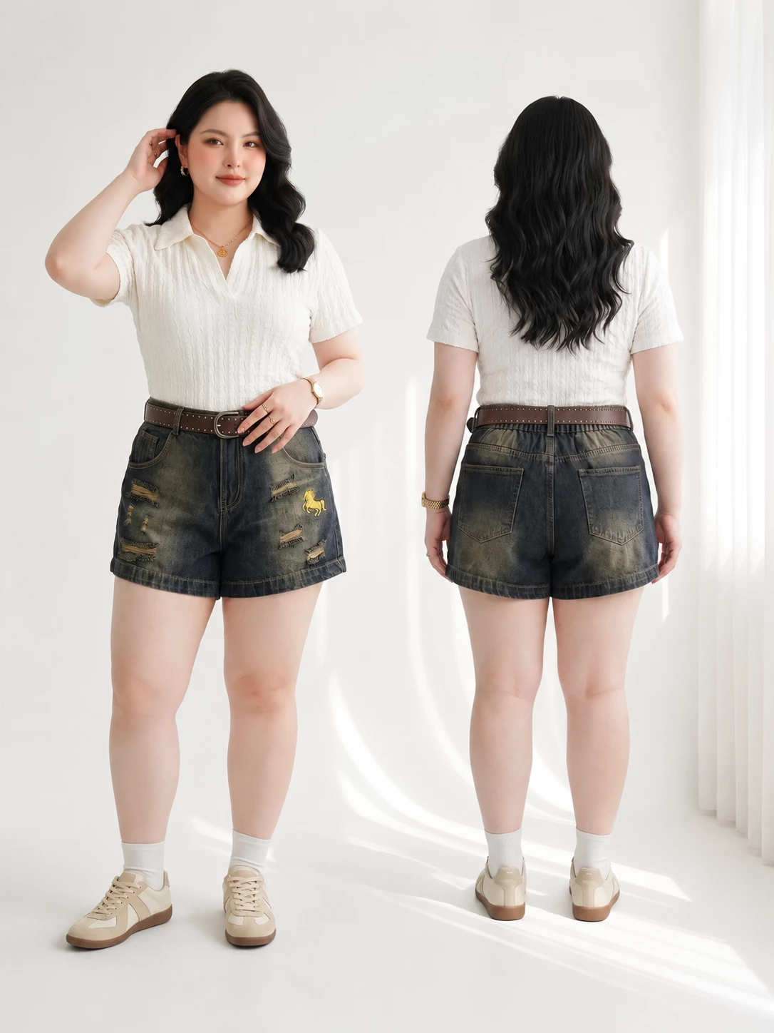 Ảnh minh họa quần short jean bigsize T-QSJ1329 khi mặc nhìn từ mặt trước và mặt sau