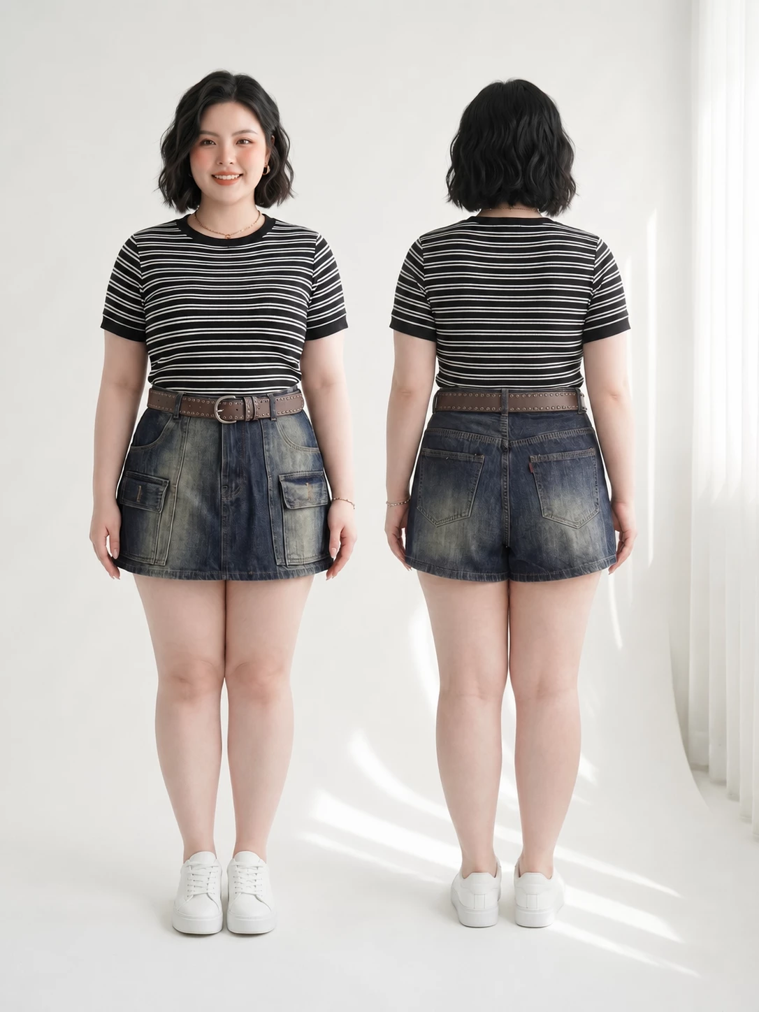 Quần giả váy jean bigsize T-QVJ2125 nhìn mặt trước và mặt sau trên dáng người đầy đặn