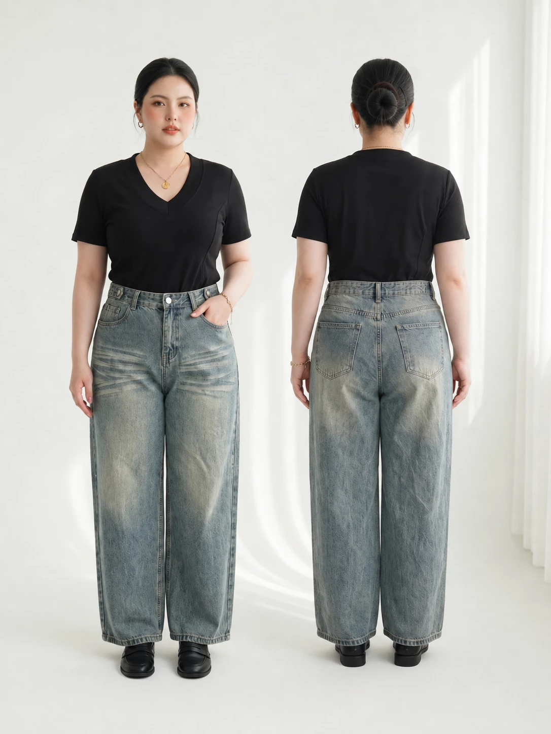 Minh họa mặt trước và mặt sau quần jean suông nấm bigsize T-QJ631 màu xanh nhạt
