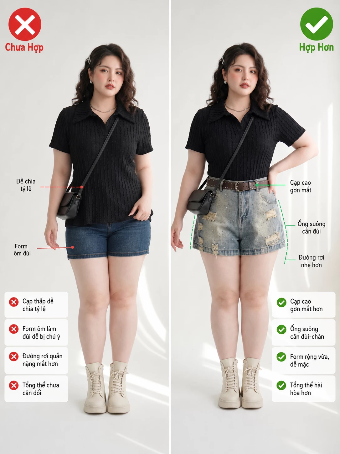 So sánh short jean cạp thấp ôm đùi với quần short jean cạp cao ống mở vừa cho dáng đầy đặn