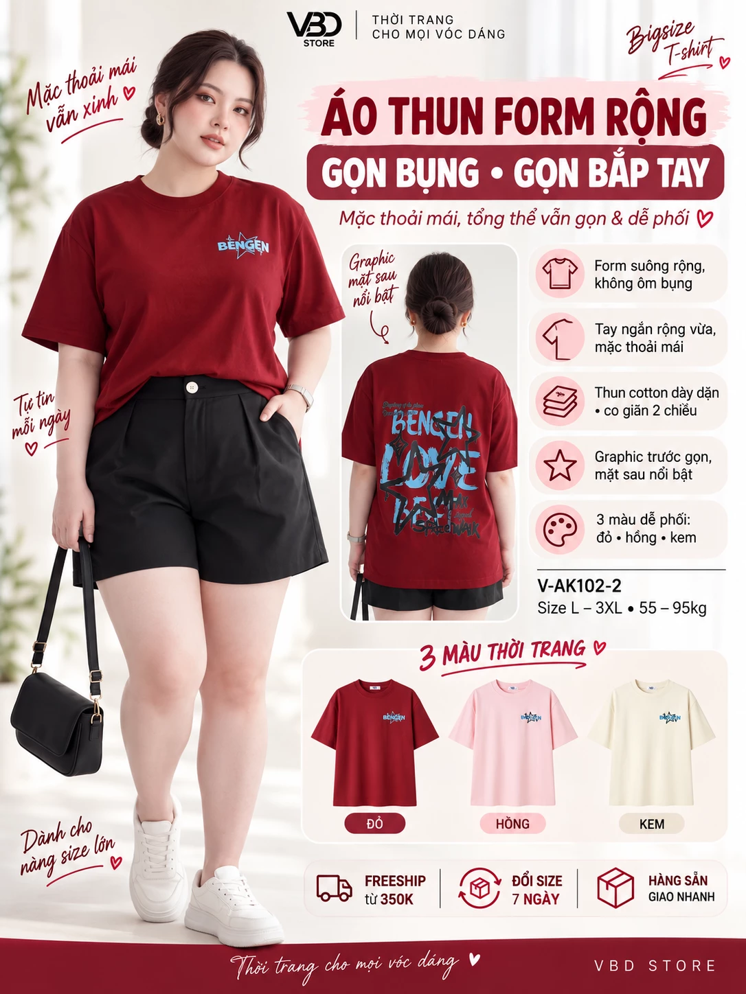 Ảnh tổng hợp áo thun form rộng V-AK102-2 với người mẫu, graphic trước sau và ba màu đỏ hồng kem
