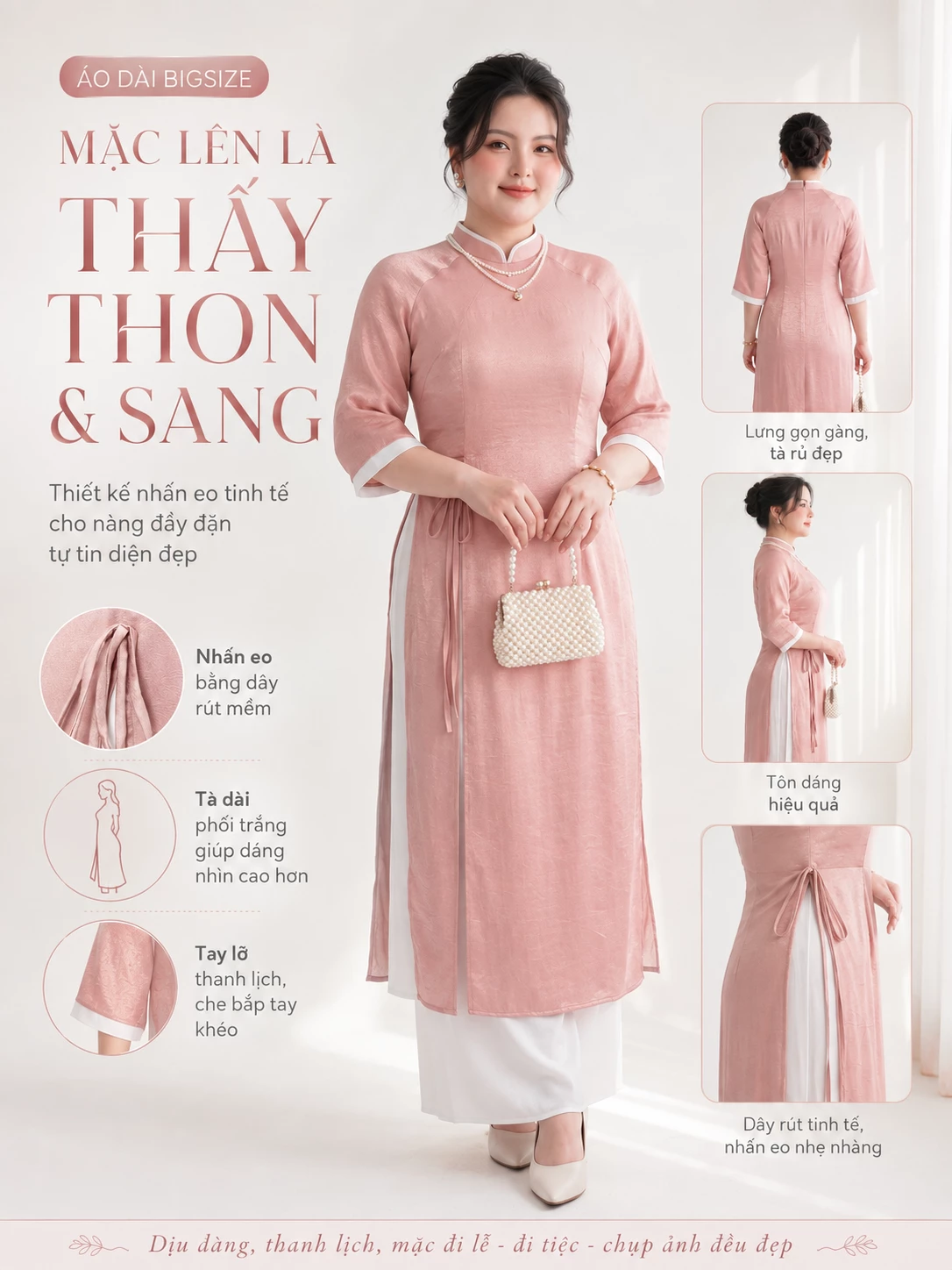 Người mẫu mặc áo dài bigsize V-SET024 cùng các góc nhìn thân trước, sau và chi tiết tay