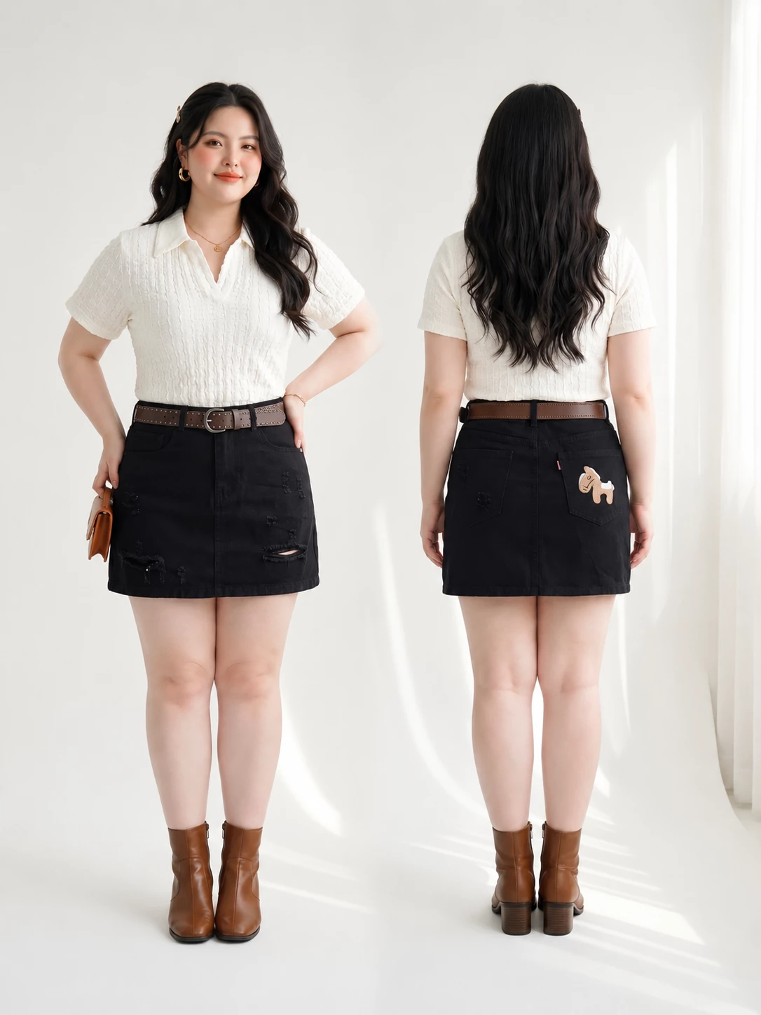 Dáng trước và sau của chân váy jean đen bigsize T-JV2127 khi mặc