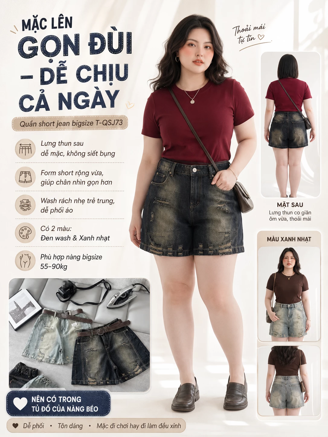 Điểm nổi bật quần short jean bigsize T-QSJ73 lưng thun sau ống rộng vừa