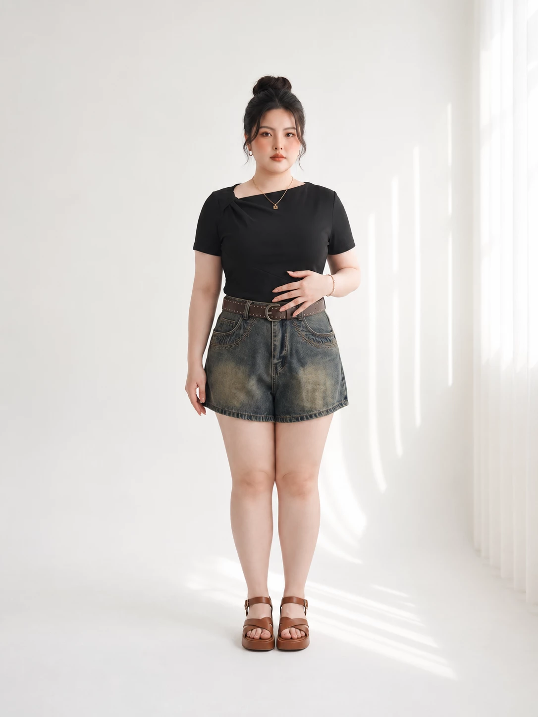 Người mẫu bigsize mặc quần short jean xanh rêu T-QSJ1327 cạp cao và ống thoáng đùi