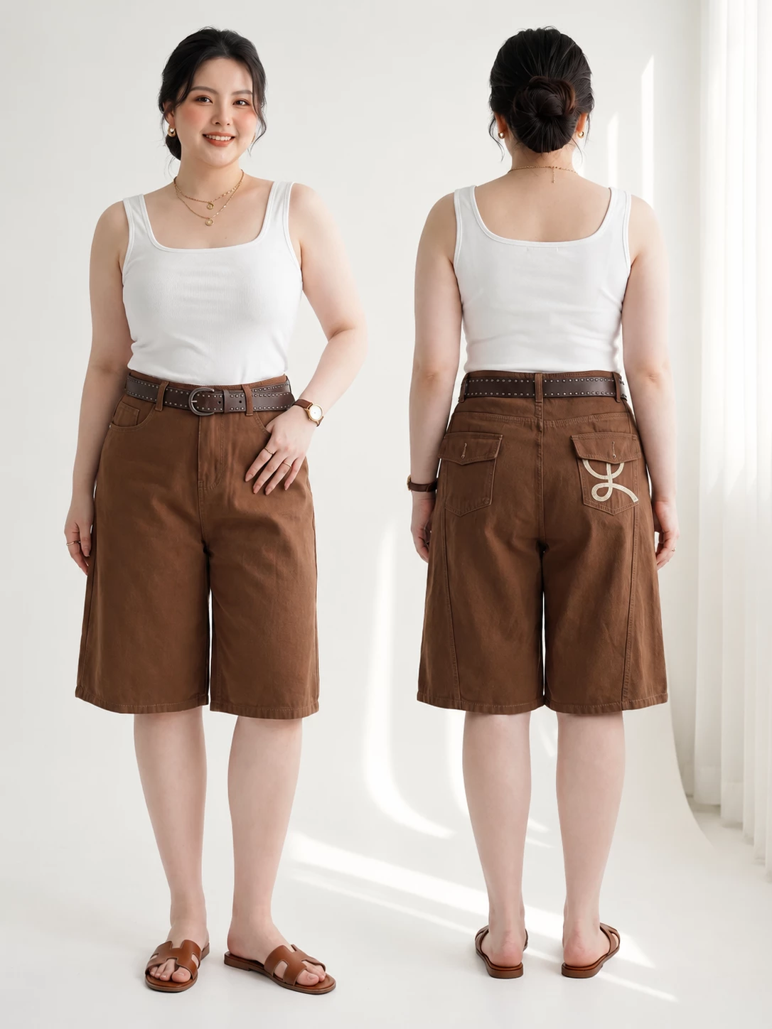 Quần lửng kaki jean bigsize T-QSJ74 màu nâu lên form mặt trước và mặt sau