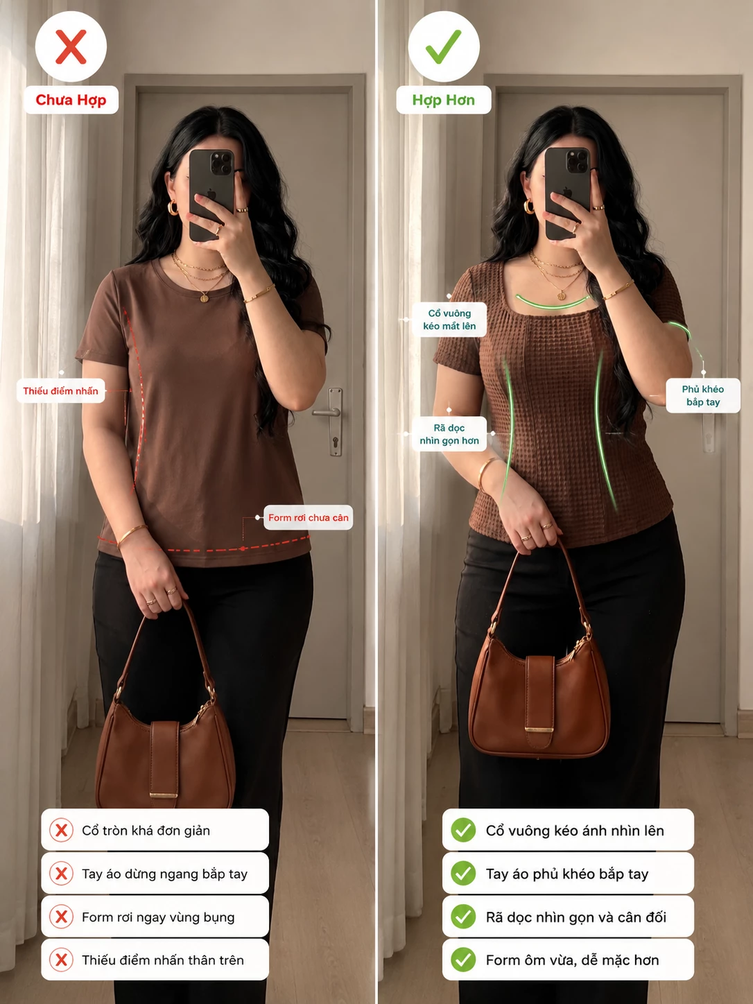 So sánh trực quan áo thun trơn và áo V-AK121 có cổ vuông, rã dọc và form ôm trên người mẫu