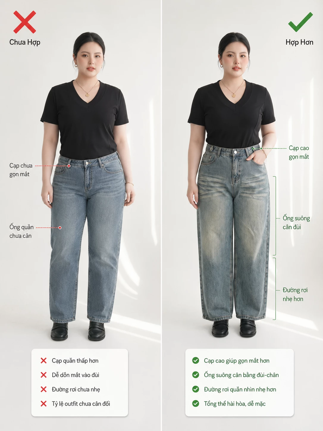 Minh họa cách phối quần lưng cao ống suông để tỷ lệ outfit cân đối hơn