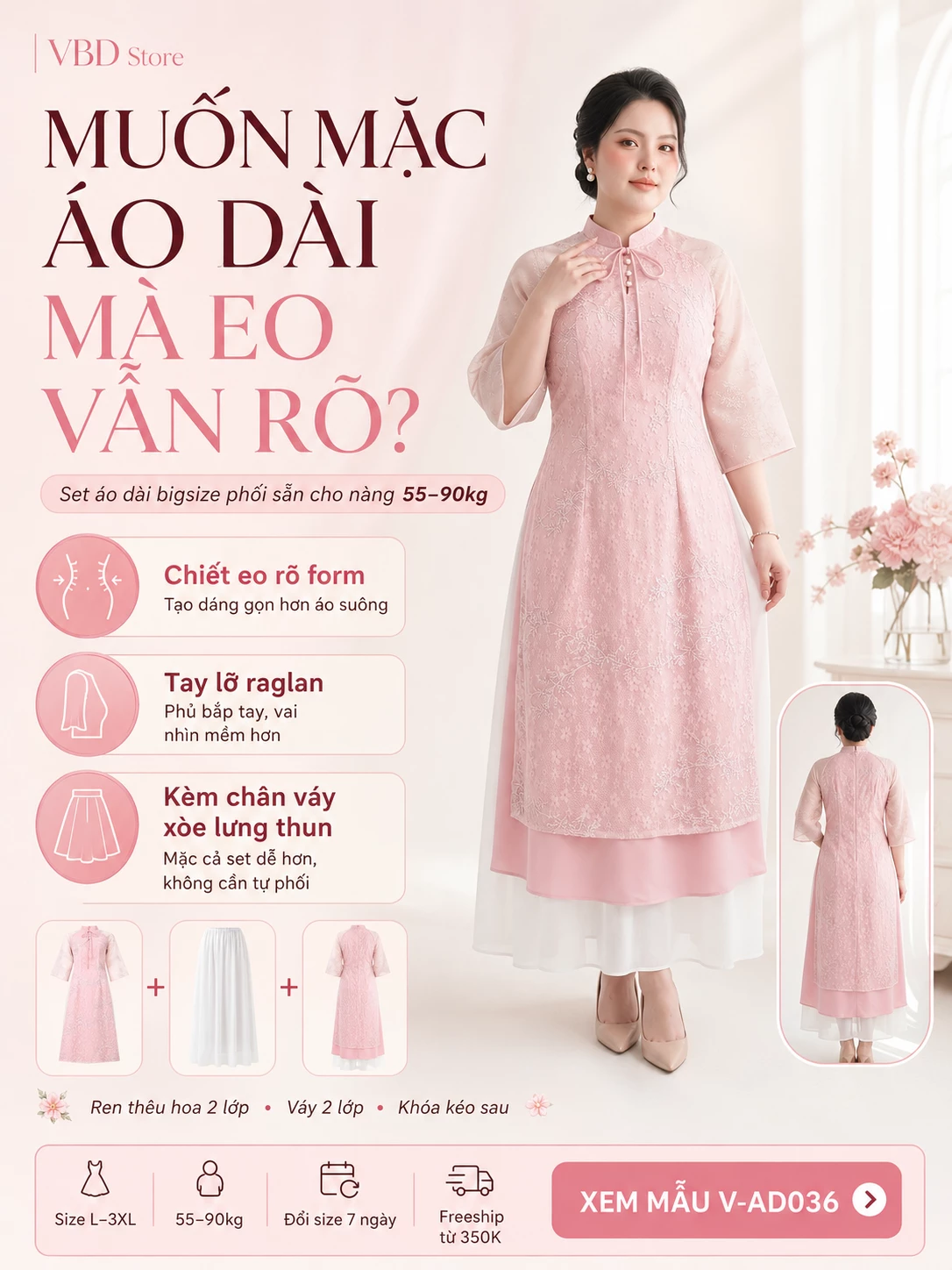 Infographic set áo dài bigsize V-AD036 nêu chiết eo, tay lỡ raglan và chân váy xòe lưng thun