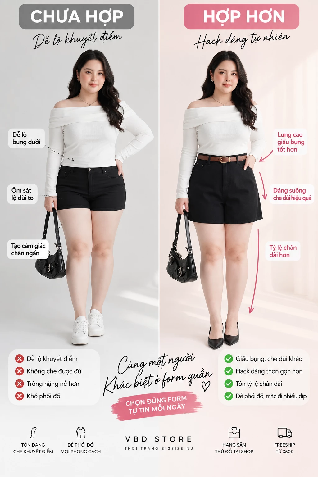 Ảnh minh họa so sánh short ôm ngắn và dáng short suông dài hơn cho vóc dáng đầy đặn