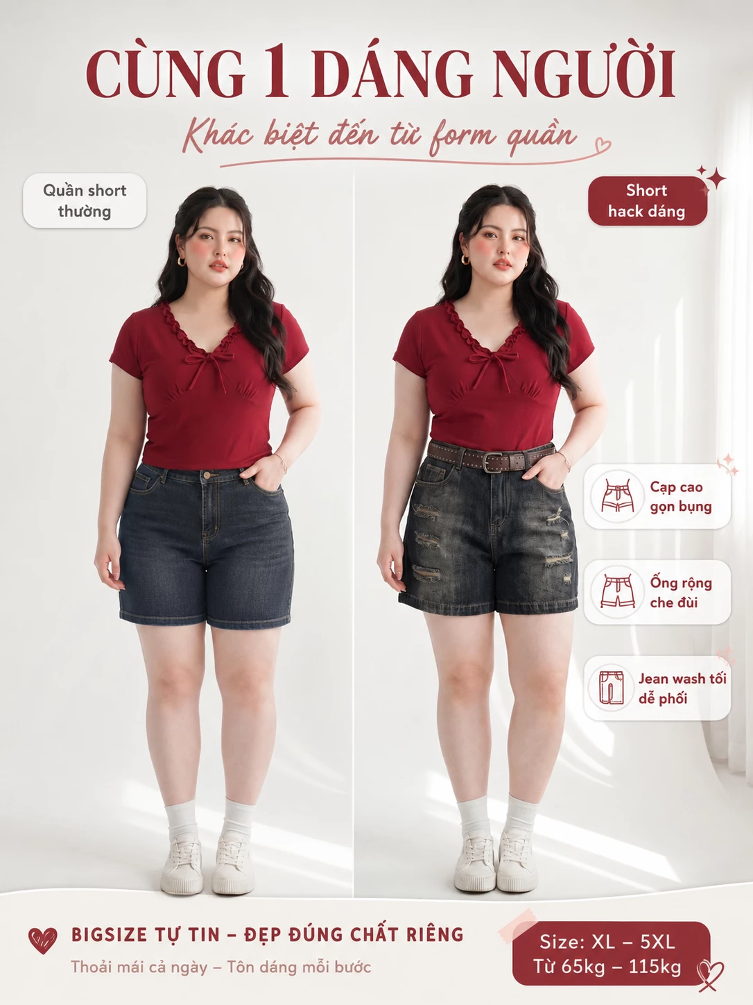 Gợi ý chọn phom quần short jean bigsize cạp cao và ống rộng