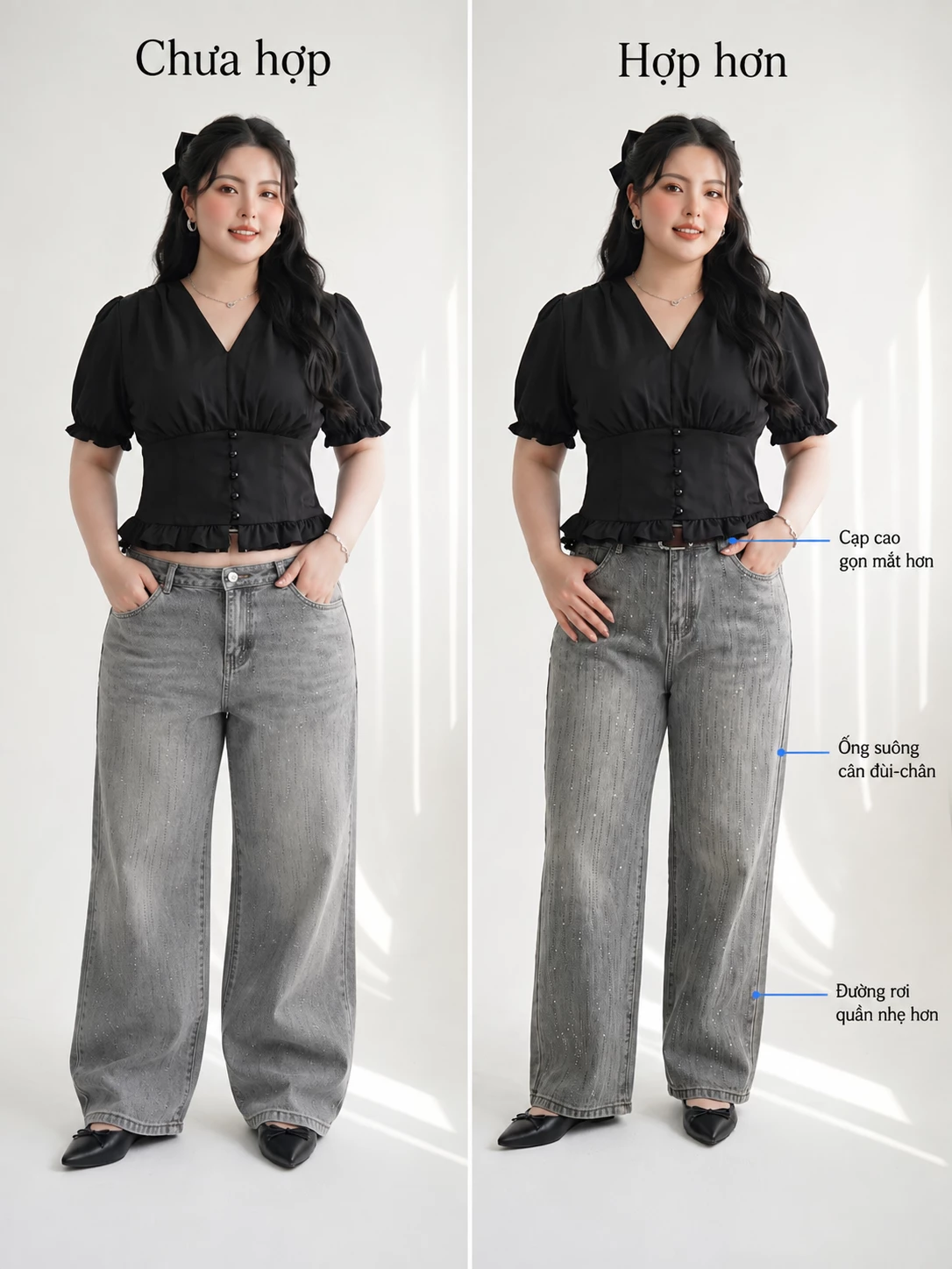 Minh họa cách mặc quần jean cạp cao ống suông T-QJ5056 cân đối hơn trên dáng bigsize