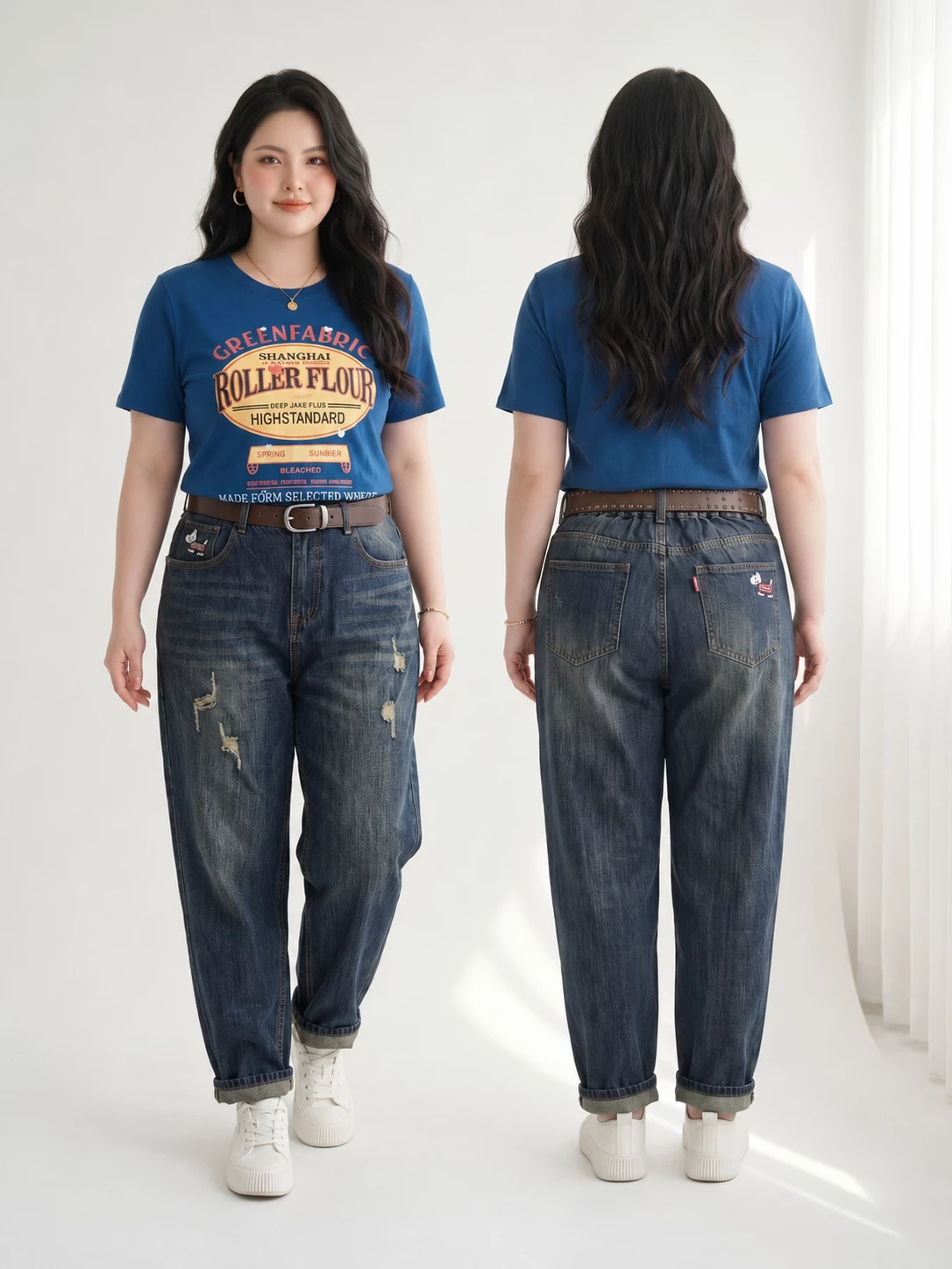 Người mẫu mặc quần jean baggy T-QJ633 màu xanh đậm ở góc trước và sau