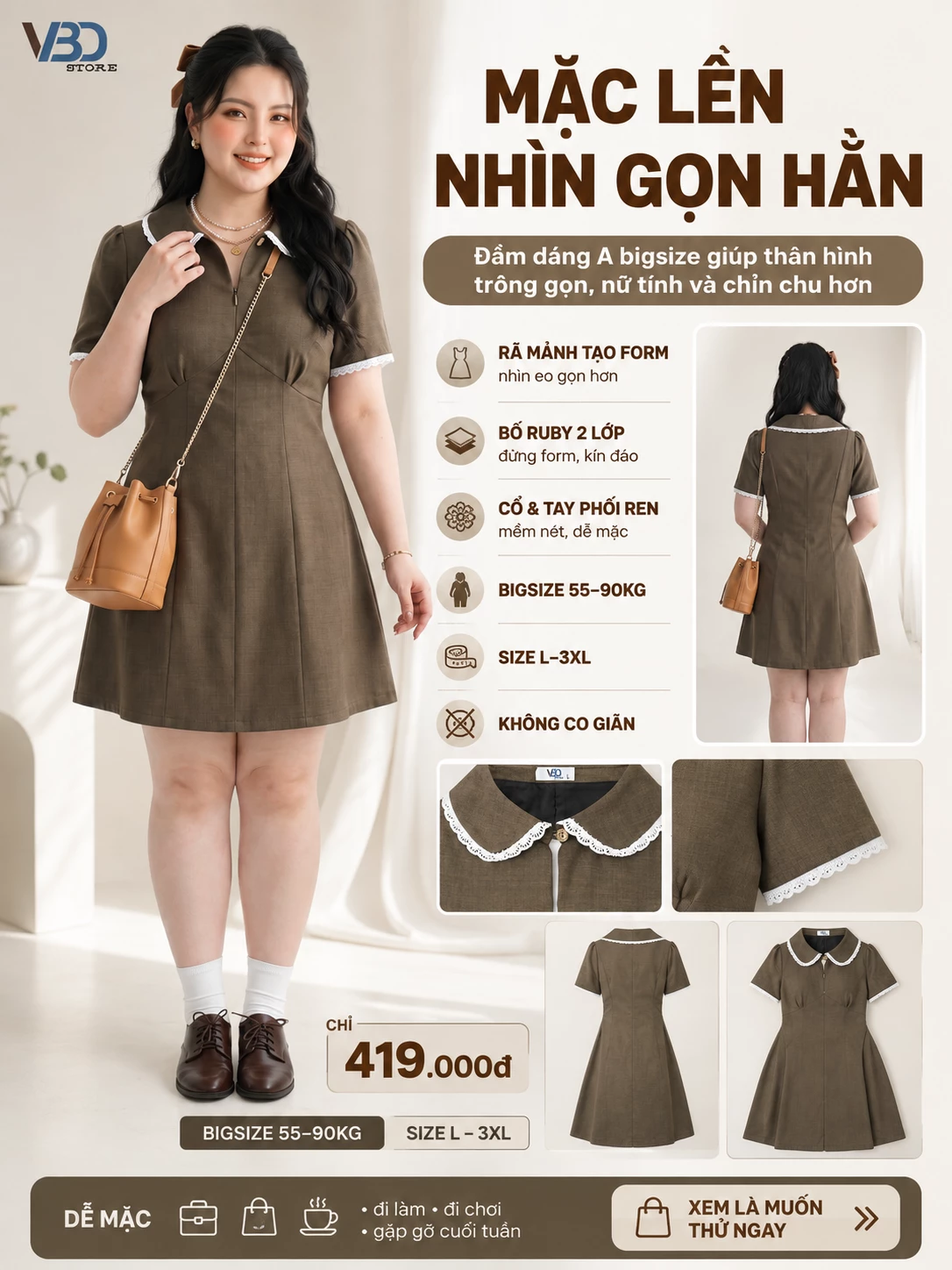 Ảnh tổng hợp V-DA238 với người mẫu, mặt sau, chi tiết ren, form đầm và các thông tin chính