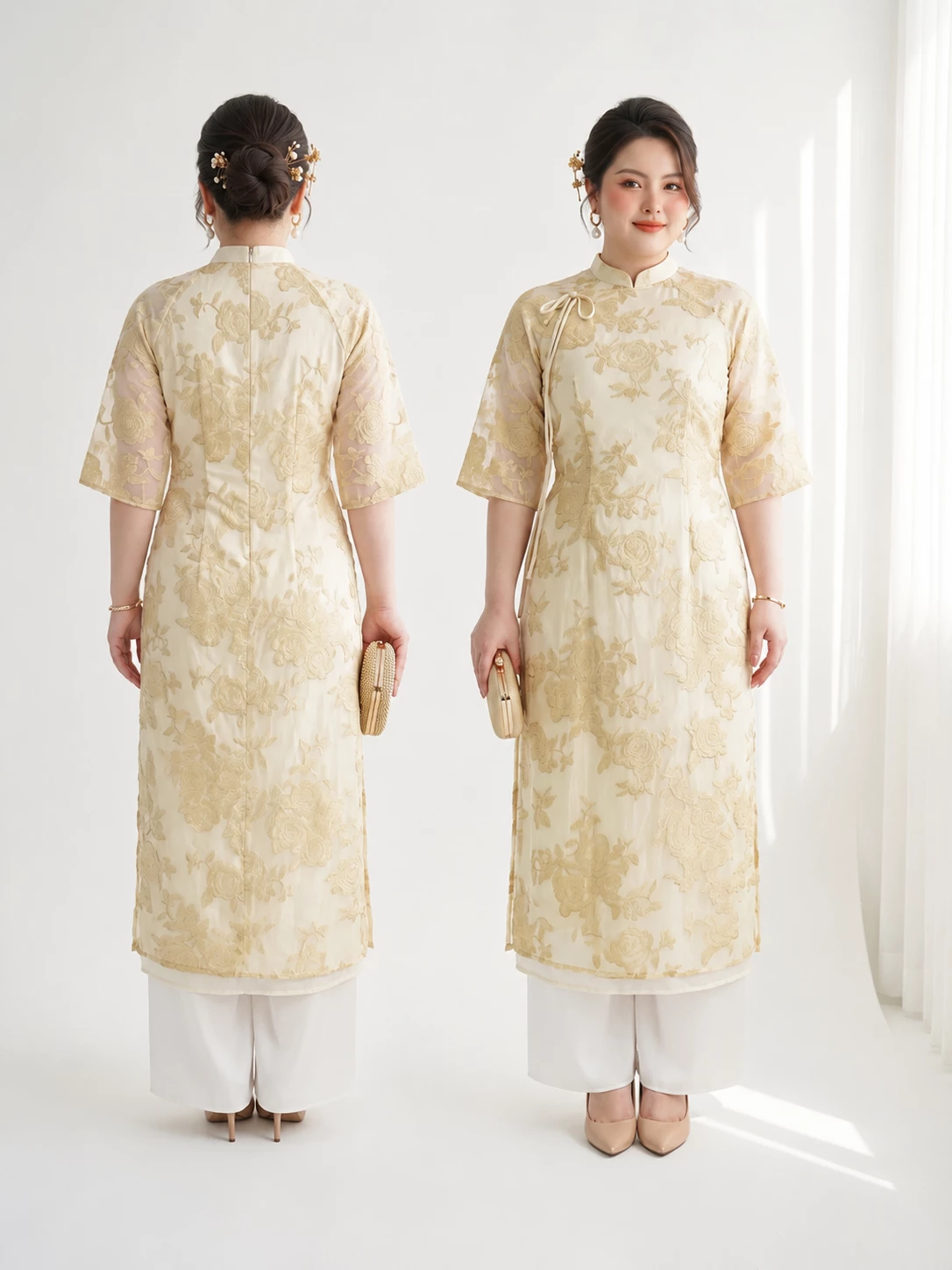 Ảnh minh họa lý do set áo dài hoa nổi V-SET023 phù hợp dáng đầy đặn