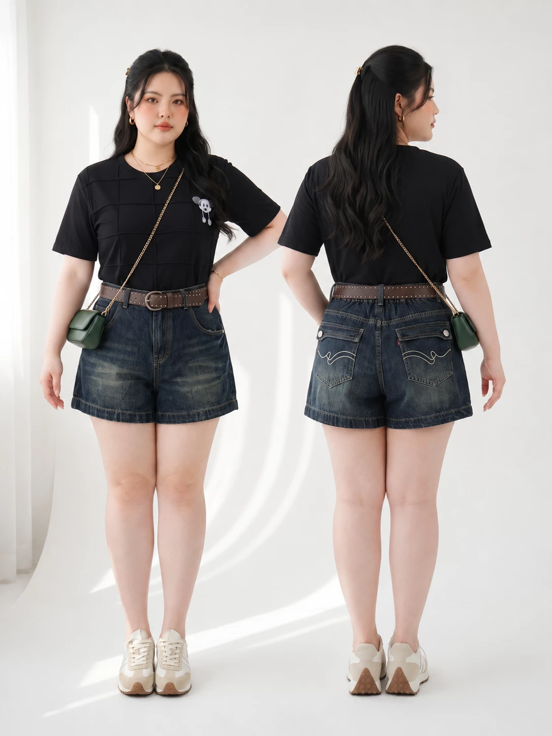 Dáng mặc mặt trước và mặt sau quần short jean túi hộp bigsize T-QSJ1331 màu xanh đậm