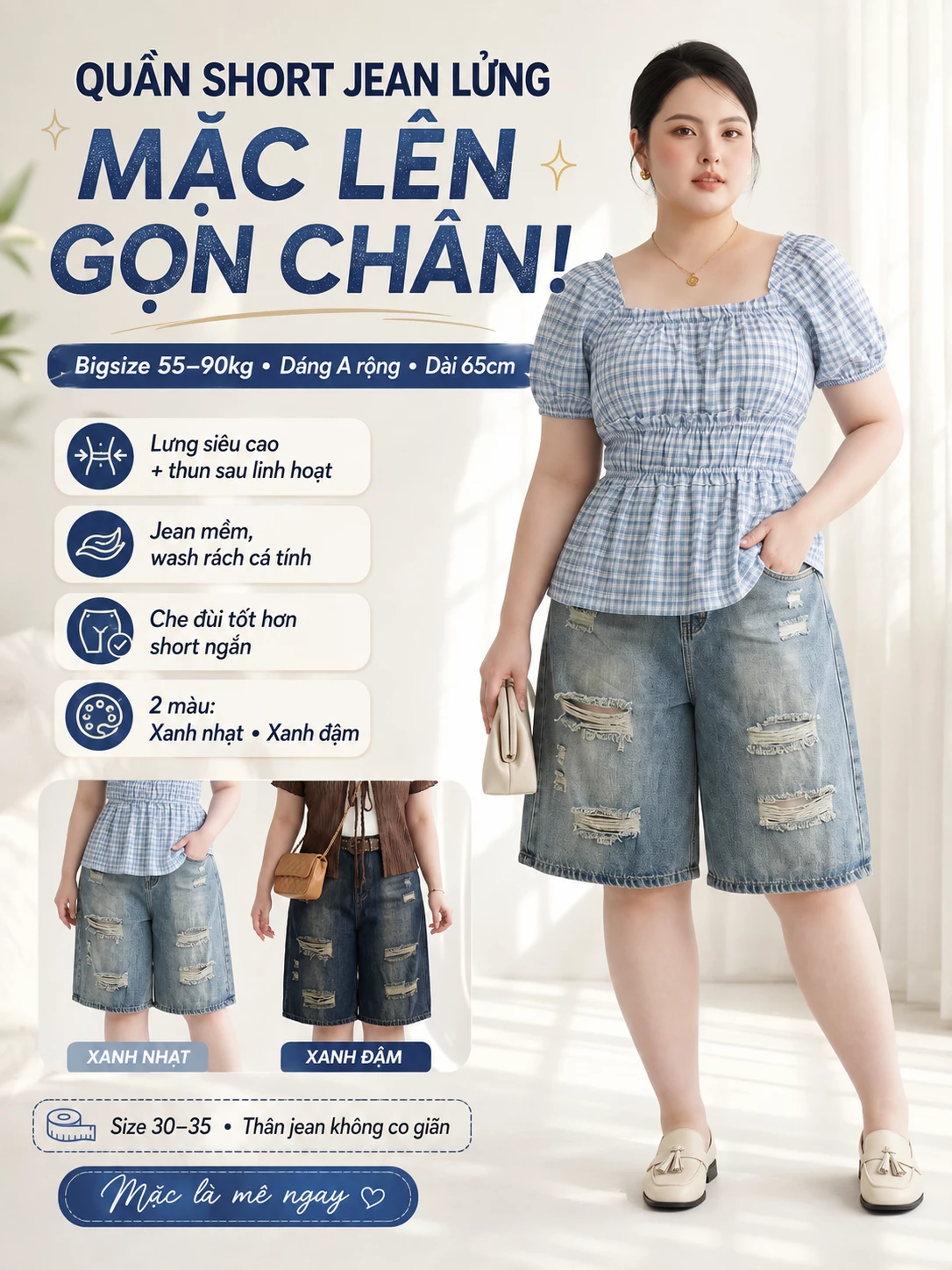 Minh họa quần short jean lửng T-QSJ78 trên dáng đầy đặn với lưng cao, ống A rộng và hai màu xanh