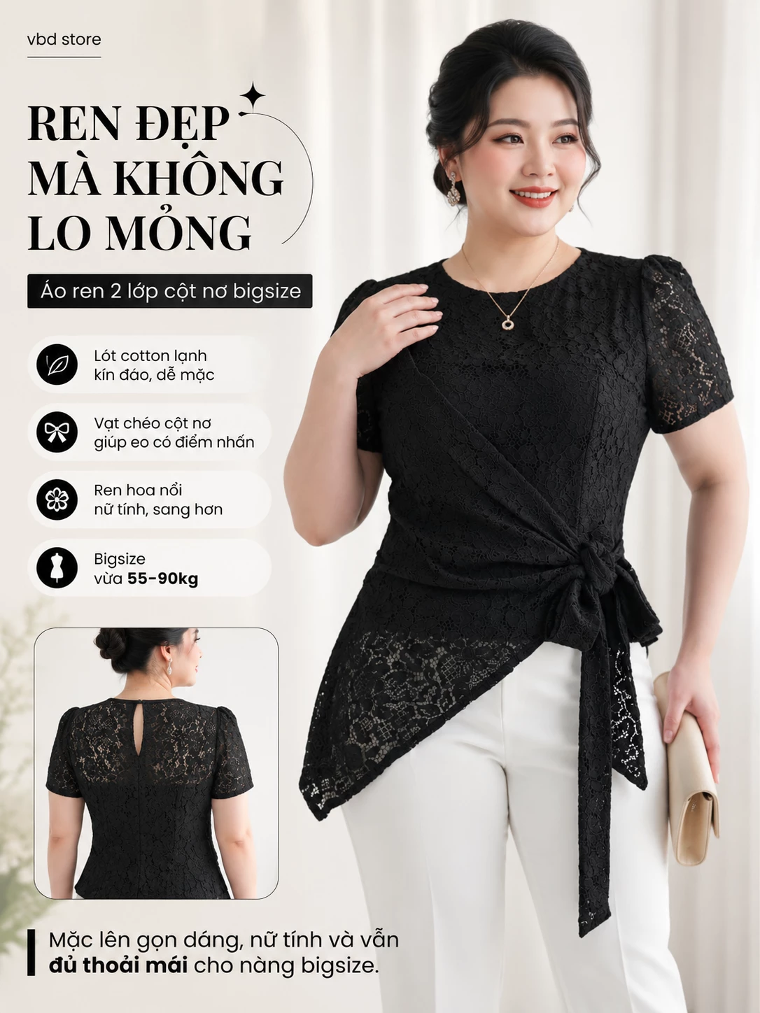 Áo ren 2 lớp V-AK124 mặc trên người mẫu bigsize, thể hiện vạt cột nơ, lớp ren và lưng sau