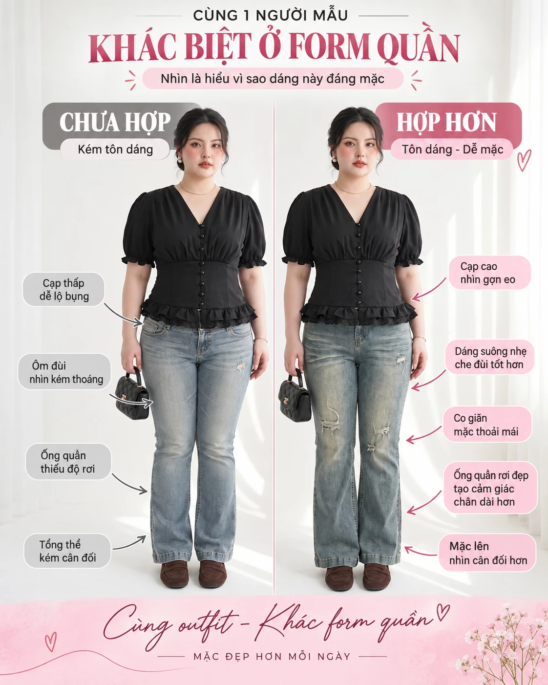 Comparing the same model between slimmer pants and high-waisted flared pants T-QJ530