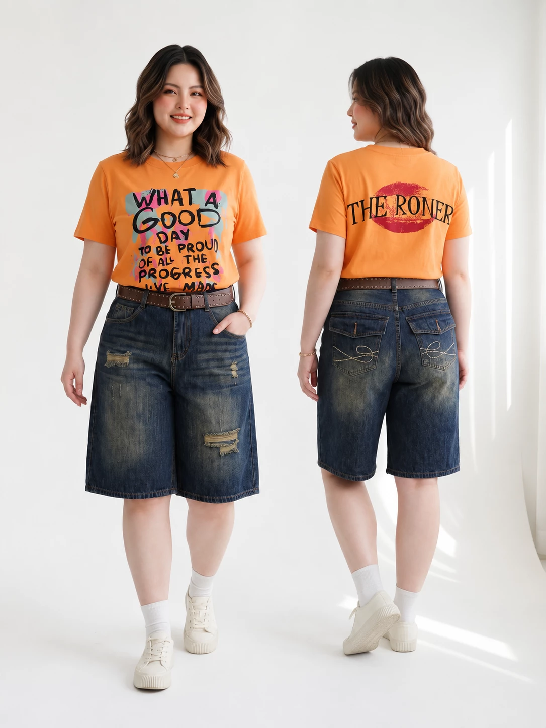 Quần lửng jean bigsize T-QSJ76 lên dáng mặt trước và mặt sau