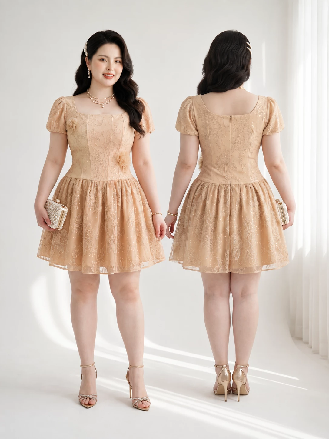Người mẫu bigsize mặc đầm ren kim tuyến V-DA236 ở mặt trước và mặt sau